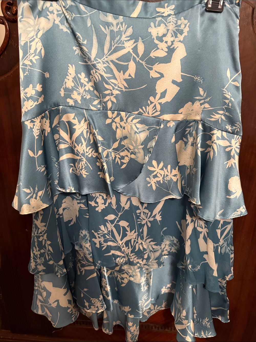 Banana Republic Blue Satin Tiered Ruffle Skirt with Cream Floral Print